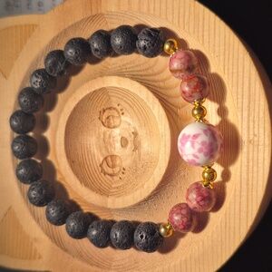 Rose ammonite with ceramic bread and lava beads